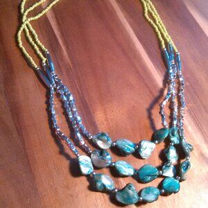Green Seed Bead and Shell Multi-Layer Necklace